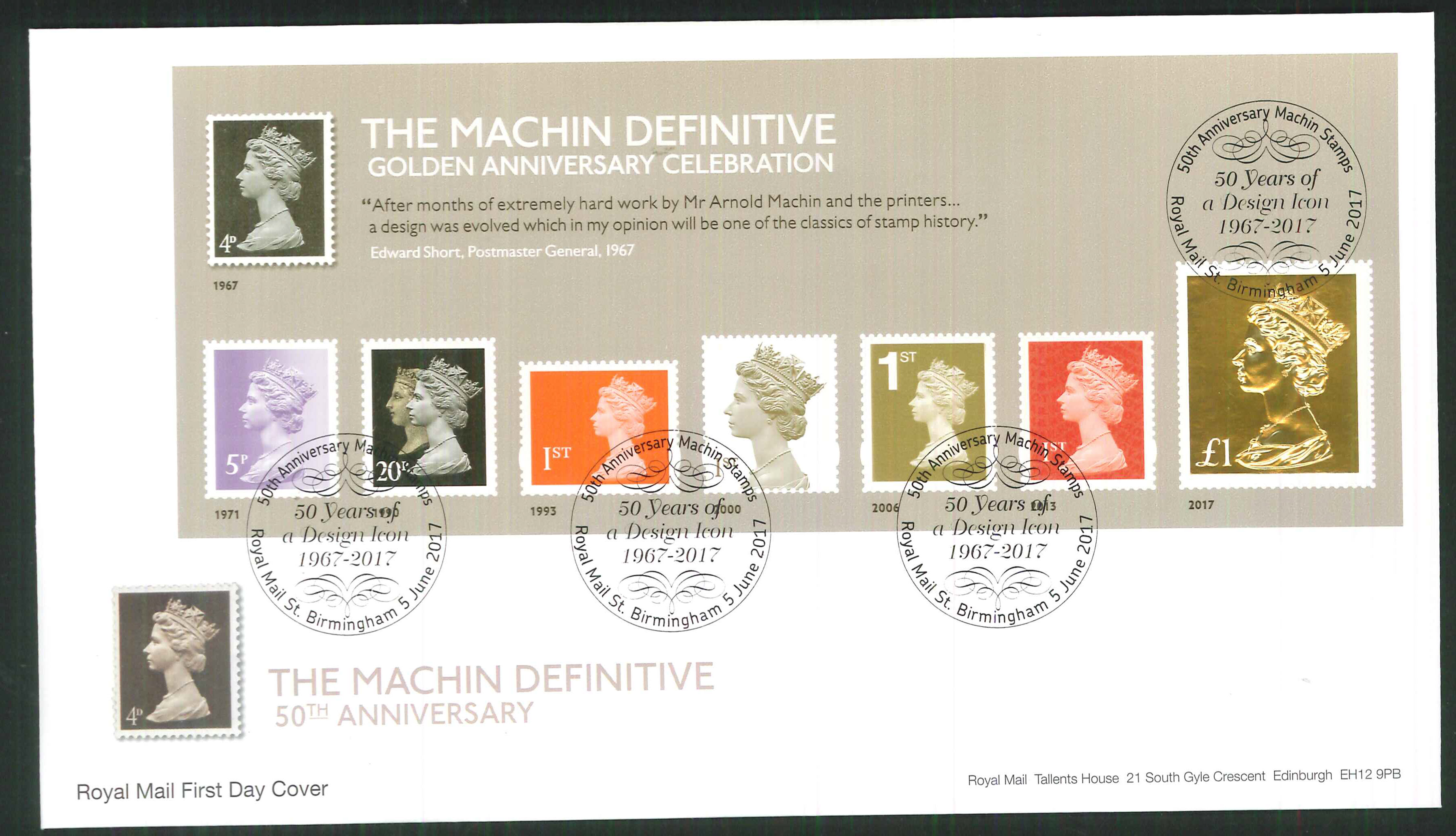 2017 - First Day Cover Machin Mini Sheet Gold Royal Mail St Postmark